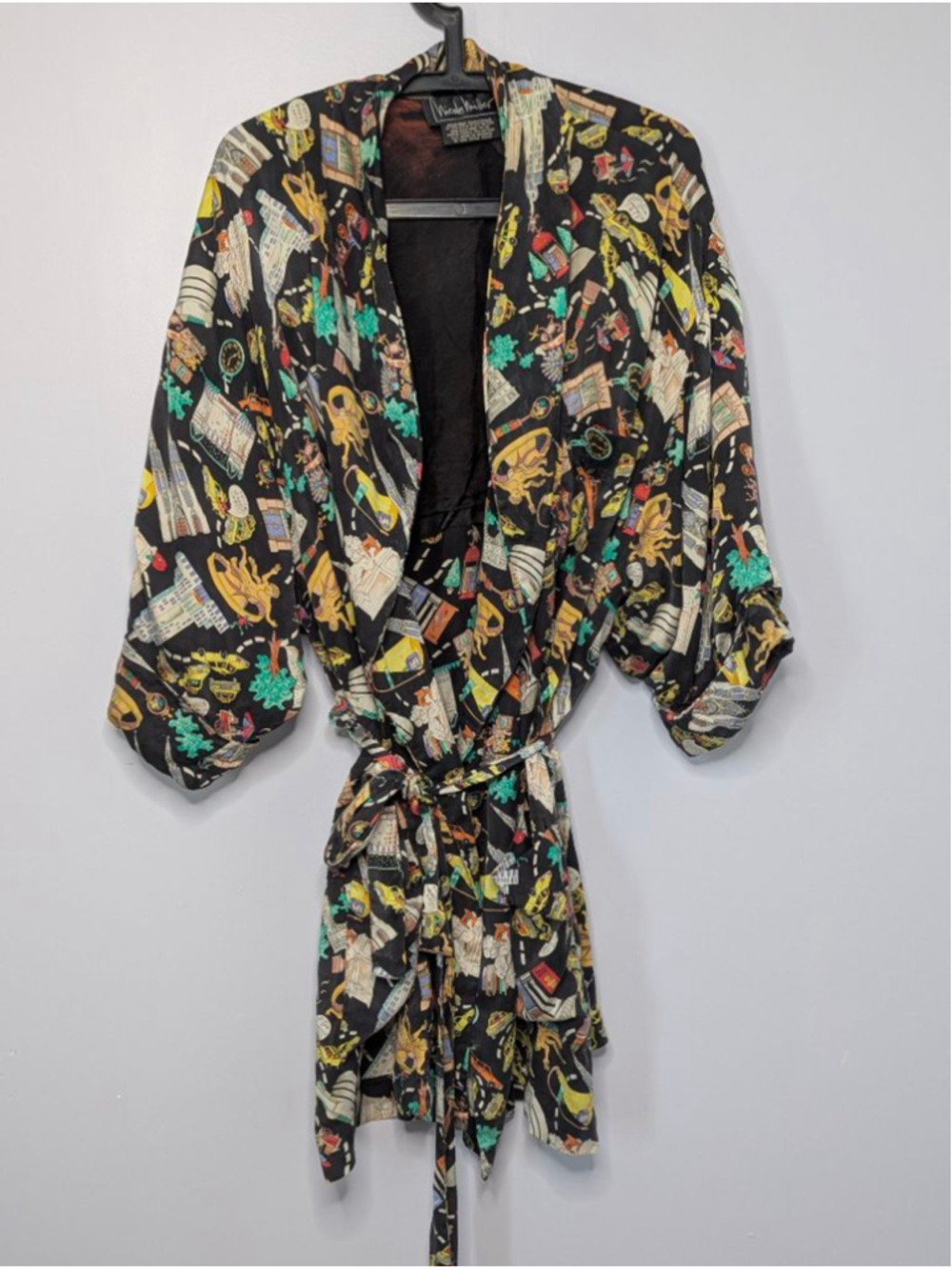 Rare Vintage Nicole Miller New York City Print 100% Silk Kimono Sz L 1990 Ltd Ed
